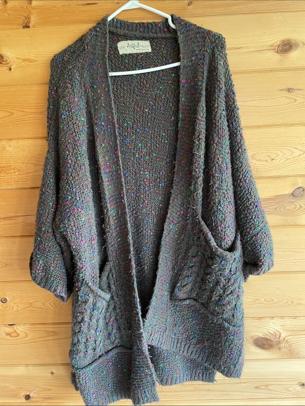 Cozy Brown Speckled Open-Front Cardigan with Patch Pockets